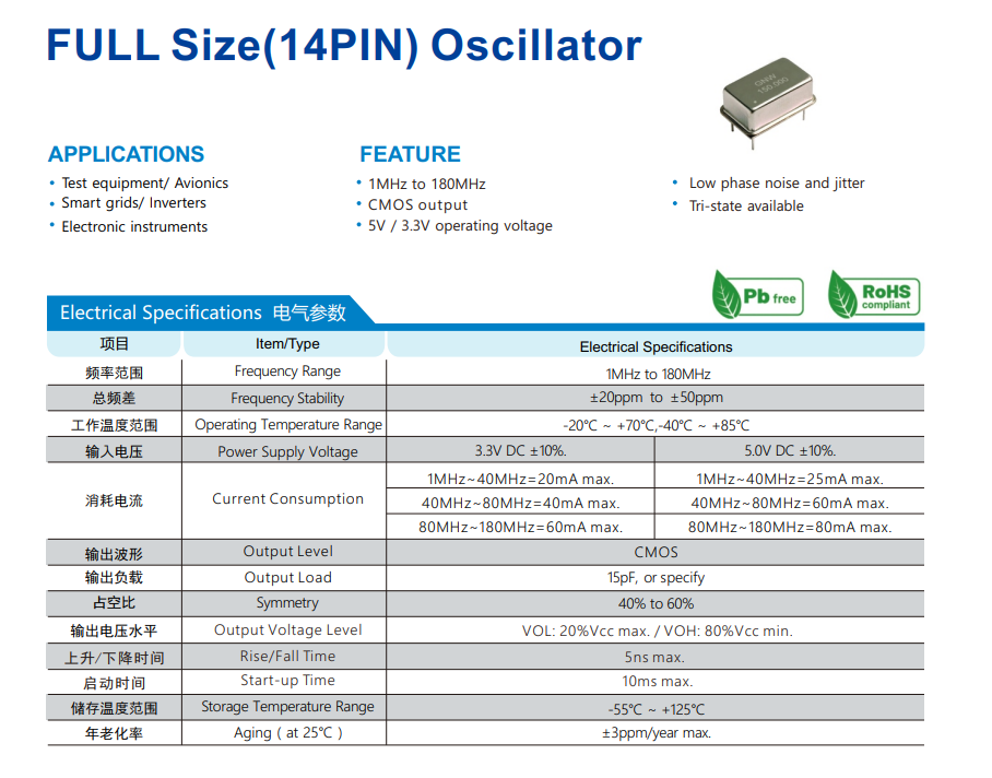 正方形半尺寸PXO8及长方形全尺寸PXO14直插钟振规格参数