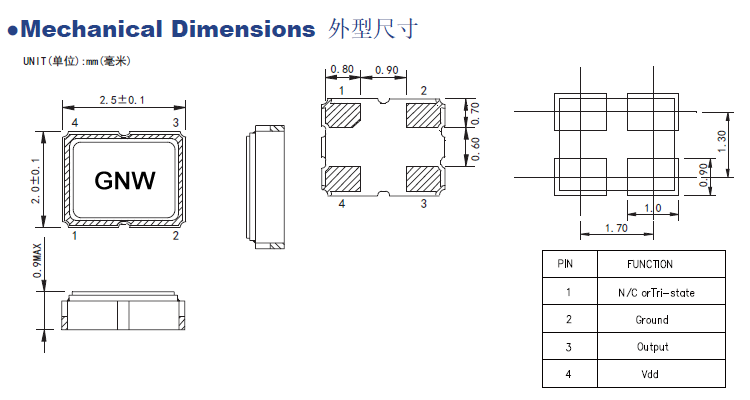 石英晶体振荡器OSC2520有源晶振封装尺寸及规格参数介绍