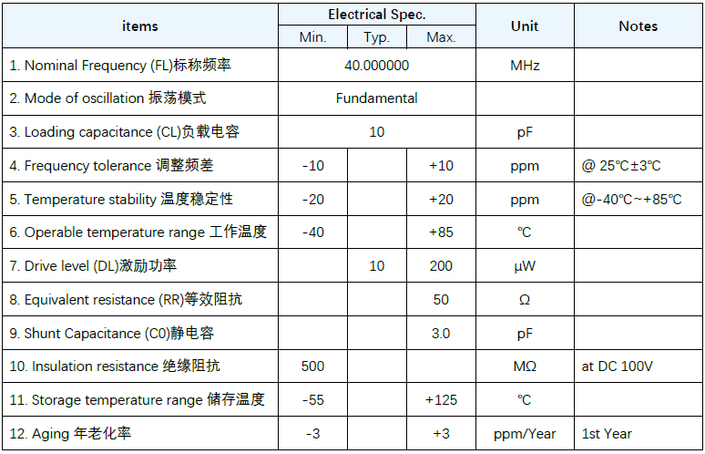 40MHz晶振SMD2016 10pF &plusmn;10PPM规格参数